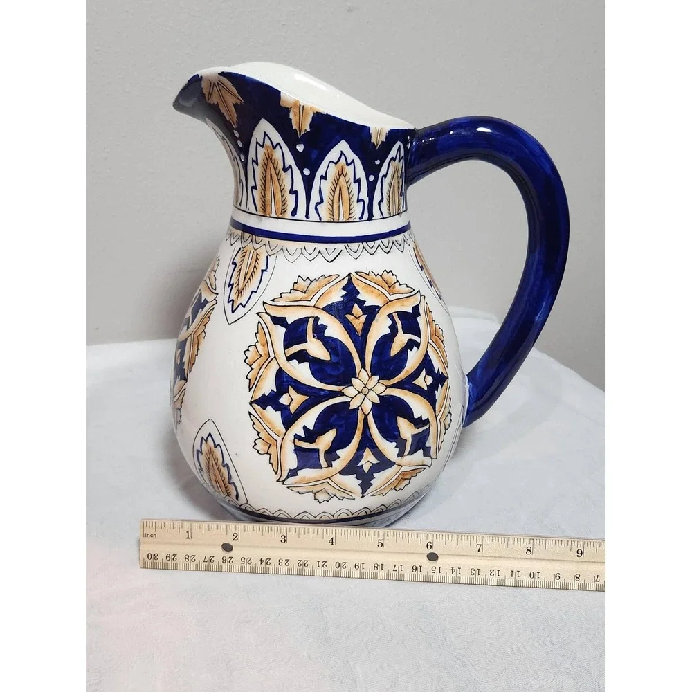 I. Godinger & Co. Ceramic Pitcher Blue Yellow Mediterranean Floral Vase 9.5in